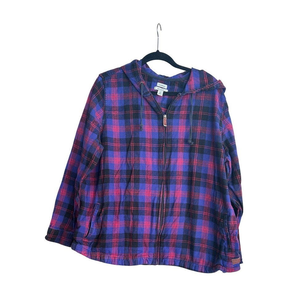 L.L. Bean Plaid Flannel Hoodie Jacket 3X Purple Red Cotton Zip Up Cabincore Cozy